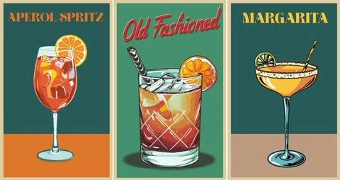 Cocktails retro poster set vector wall art. Stock Illustration