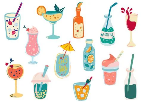 Cocktails set. Different summer fresh drink with lemon, berry, mint, ice and  Stock Illustration