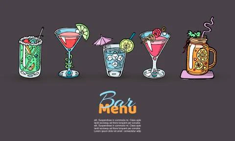 Cocktails vector set for menu design, bars, restaurants, cafes, parties. Colored Stock Illustration
