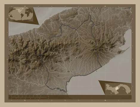 Cocle, Panama. Elevation map colored in sepia tones with lakes and rivers 스톡 일러스트