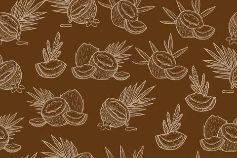 Coco palm fruit outline seamless pattern on dark. Tropical print in vintage Stock Illustration