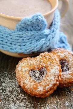 Cocoa and linzer cookie . Stock Photos