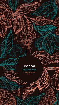 Cocoa background. Vector chocolate tree, golden bean, green leaves, tropical  Stock Illustration