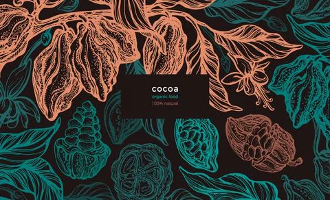 Cocoa background. Vector organic design. Tropical golden plant, jungle on bla Stock Illustration