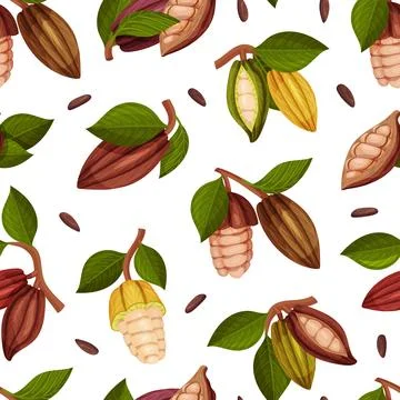Cocoa Bean Seamless Pattern Design with Brown Pod and Green Leaf Vector Template Illustrazione stock