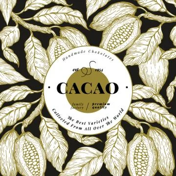 Cocoa bean tree banner template. Chocolate cocoa beans background. Vector hand Stock Illustration
