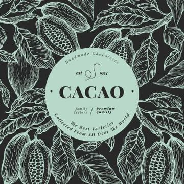 Cocoa bean tree banner template. Chocolate cocoa beans background. Vector hand Stock Illustration