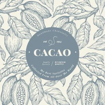 Cocoa bean tree banner template. Chocolate cocoa beans background. Vector hand Stock Illustration