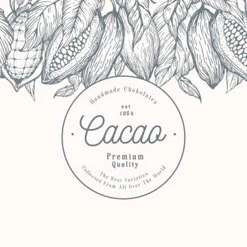 Cocoa bean tree banner template. Chocolate cocoa beans background. Vector hand Stock Illustration