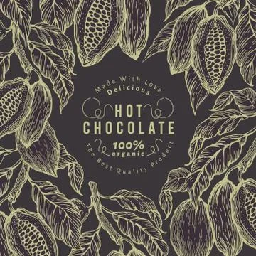 Cocoa bean tree banner template. Chocolate cocoa beans frame. Vector hand drawn Stock Illustration