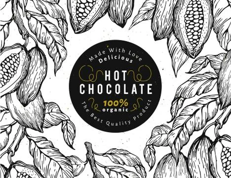 Cocoa bean tree banner template. Chocolate cocoa beans frame. Vector hand drawn Stock Illustration