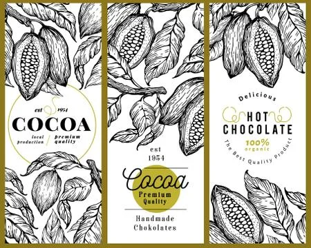 Cocoa bean tree banner template set. Chocolate cocoa beans background. Vector Stock Illustration