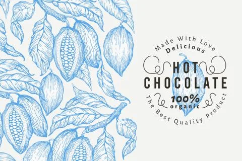 Cocoa bean tree banner template. Chocolate cocoa beans background. Vector hand Stock Illustration