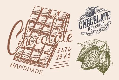 Cocoa Beans and chocolate bar. Vintage badge or logo for t-shirts, typography Ilustración de archivo