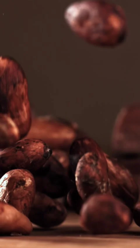 Cocoa beans fall on the table. Filmed on a high-speed camera at 1000 fps Stock Footage 335375066