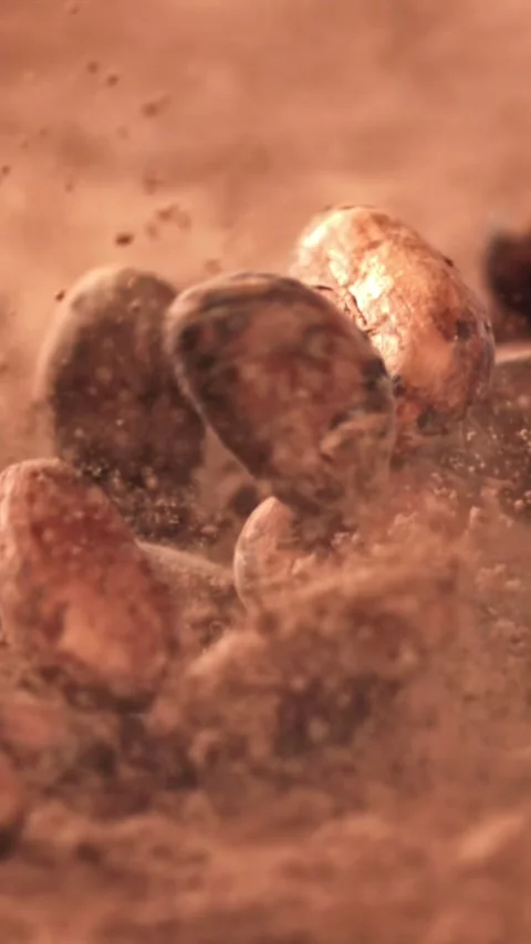 Cocoa beans fall on the table. Filmed on a high-speed camera at 1000 fps Stock Footage 335379445