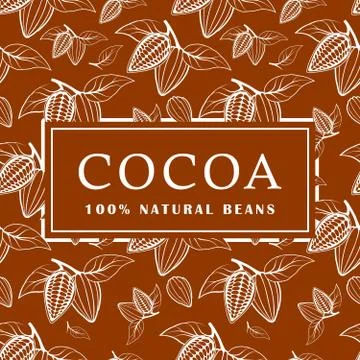 Cocoa beans with leaves on brown background. Seamless pattern. Vector Stock Illustration