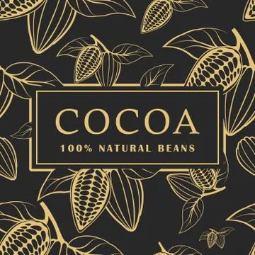 Cocoa beans with leaves on dark background. Seamless pattern. Vector Stock Illustration