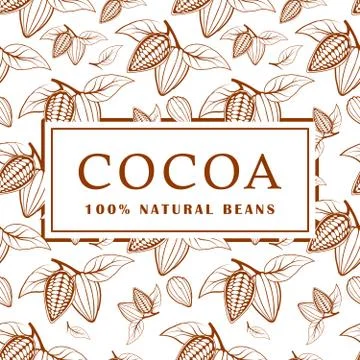 Cocoa beans with leaves on white background. Seamless pattern. Vector Stock Illustration