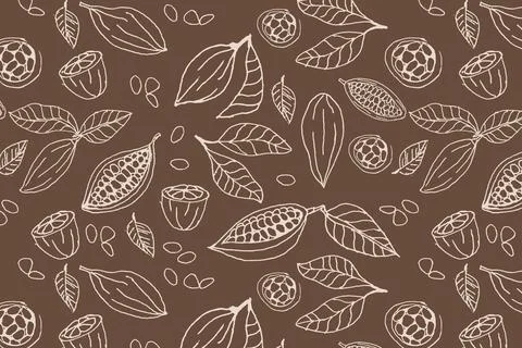 Cocoa beans organic background outline on brown Stock Illustration