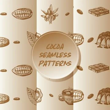 Cocoa beans seamless pattern vector illustration. Cocoa leaves, browny cake and Illustrazione stock