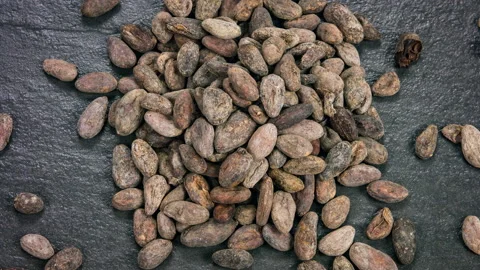 Cocoa beans on a stone background close up rotation, top view Video stock 89820607