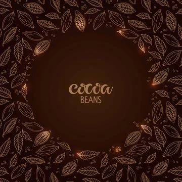 Cocoa beans Text isolated on brown background. Cacao beans and leaves round Stock Illustration