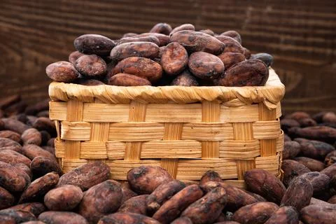 Cocoa beans in a wicker box Stock Photos