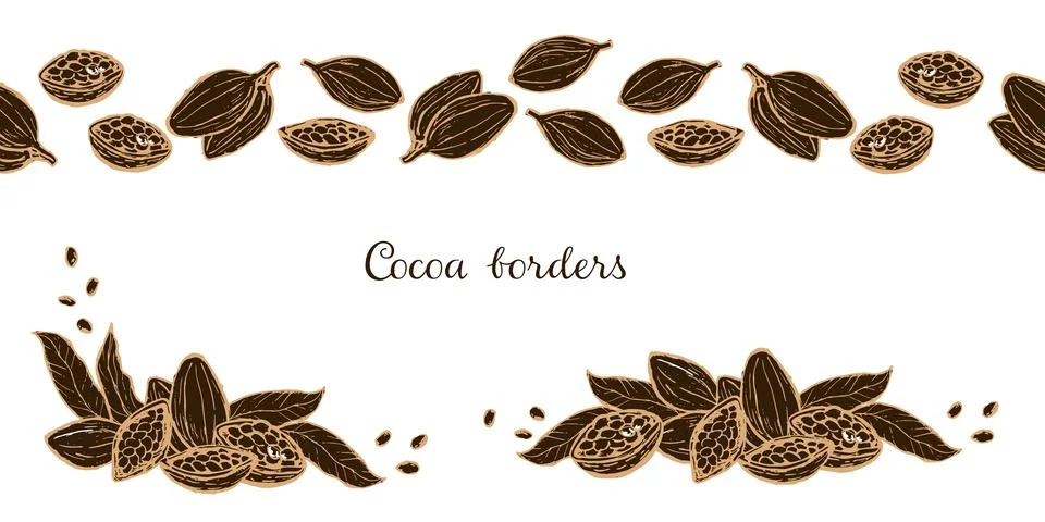 Cocoa borders set isolated. Branches and cocoa leaves, fruits, seeds in vinta Illustrazione stock