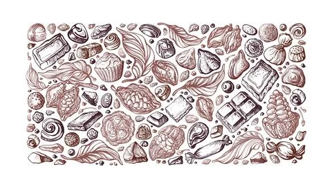 Cocoa, chocolate candy. Vector hand drawn sketch Stock Illustration