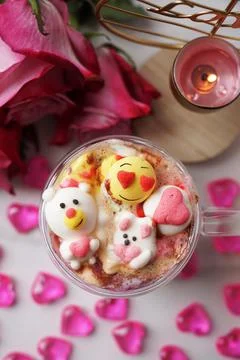 Cocoa with cute marshmallows. Date and valentine's day concept. Stock Photos
