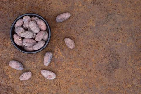Cocoa flat lay  concept with raw cocoa beans in  clay bowl  on iron  backgrou Stock Photos