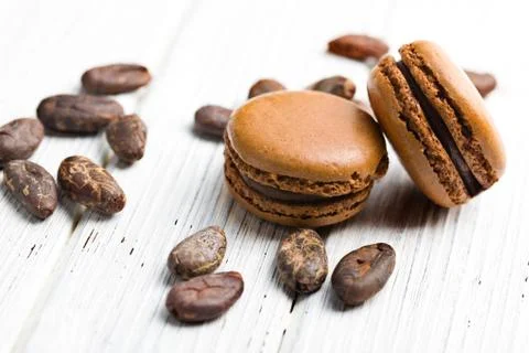 Cocoa macaroons with cocoa beans Stock Photos