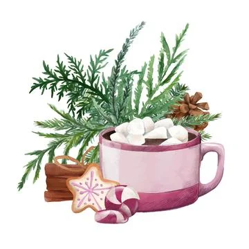 Cocoa mug with marshmallow and spruce bouquet. Stock Illustration