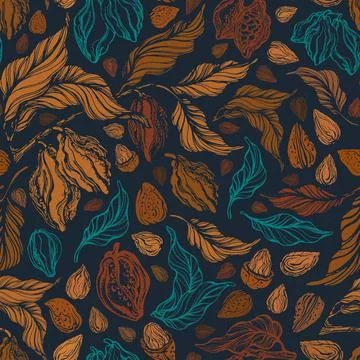 Cocoa, nuts seamless pattern. Vector texture print Stock Illustration