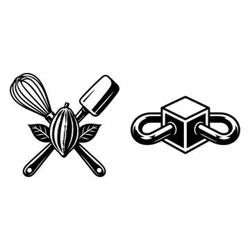 Cocoa pod with kitchen tools and a geometric cube icon Stock Illustration