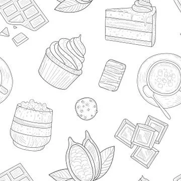 Cocoa Products Seamless Pattern, Cocoa Beans and Chocolate Desserts Monochrome Illustrazione stock