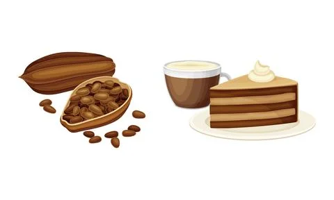 Cocoa products set. Dried beans, chocolate cake, cup of hot drink vector Stock Illustration