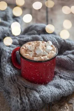 Cocoa in Red Mug with Marshmallows 스톡 사진