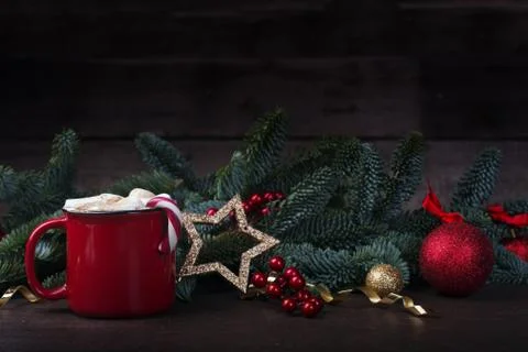 Cocoa red mug with marshmallows Stock Photos