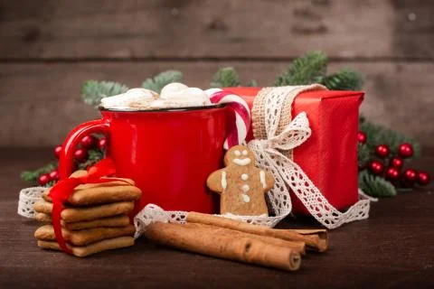 Cocoa red mug with marshmallows Stock Photos