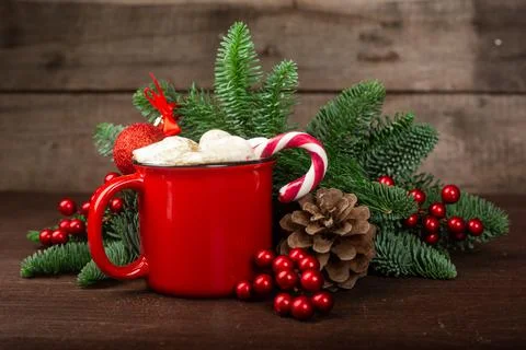 Cocoa red mug with marshmallows 写真素材