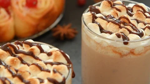 Cocoa with roasted marshmallows and cranberry buns Stock Footage 70437288