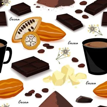 Cocoa seamless pattern. Pod, beans, cocoa butter, cocoa liquor, chocolate, co 库存插图