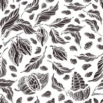 Cocoa seamless pattern. Vector engraving of branch, bean, tropical fruit, lea Stock Illustration