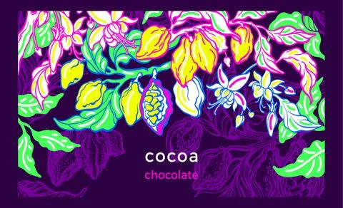 Cocoa tree. Exotic template on black background. Nature branch, fruit, raw be Stock Illustration