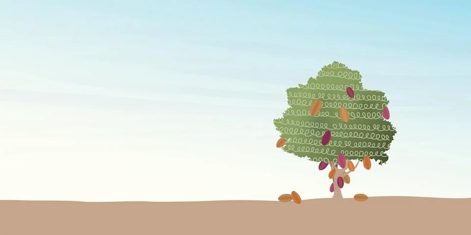 Cocoa tree landscape vector illustration with blank space. Cacao garden chi.. Stock Illustration