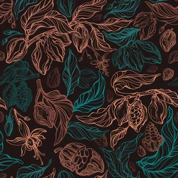 Cocoa vintage seamless pattern. Vector chocolate branch, golden bean, green l Illustrazione stock