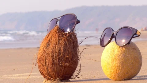 Coconut and melon in sunglasses. Rest on the sea. Humor and fruit. Screensave Stock Footage 120593363