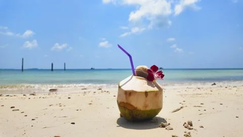 Coconut on the beach with orchid decorated. Stockbeeldmateriaal 274119969